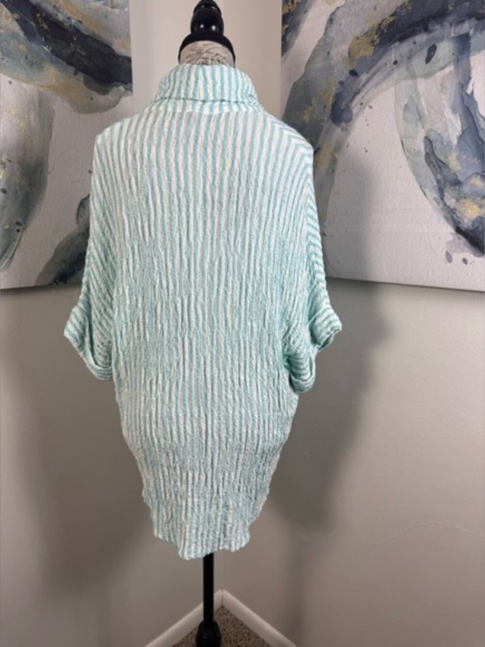 BOHO CHIC Aqua Stripe Cotton Oversized Turtleneck Tunic Top S - Picture 6 of 10